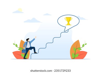 Concept of Motivation to drive success from business. performances or awards encourage employees to develop and succeed. Businessman running up stairs to catch winner's trophy.
