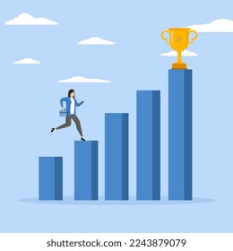 Concept of motivation to drive success, motivated businessman running on growing bar graph to catch winner trophy, achievement or award motivate employees to improve and success, profit, reward award.