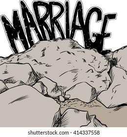 Concept mountain nature illustration with marriage text on the rocks
