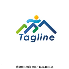 Concept of mountain run, marathon or sky running competition logotype. Mountain, running man outline elements. Editable EPS vector