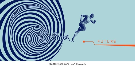 Concept of movement into the future, progress and development in time. Striving for a goal. Tunnel with optical illusion and swirl effect, similar to a high-speed trail from a fast running man. Vector