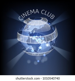 Concept movie poster of the globe with film and light.