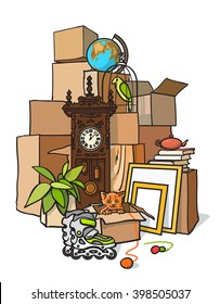 The concept of moving. cargo delivery. Moving to another housing apartment. Mountain boxes with things. Transportation of boxes out of the house. Packing things to move. Vector illustration boxes.