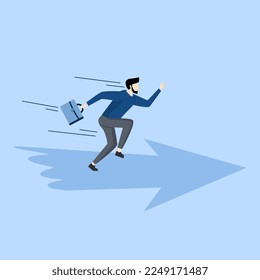 Concept Moving forward to achieve success, career development or work venture concept, confident ambitious businessman walking forward with arrow symbol, motivation to achieve business target.