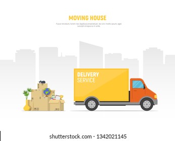 Concept moving house. Pile cardboard boxes with truck on cityscape background. Relocate to new home or office. Vector illustration in flat style.