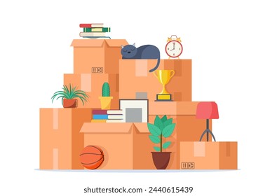 Concept moving house. Relocation to apartment. Delivery service. Moving with boxes to new home. Pile of stacked cardboard boxes. Vector illustration in flat style