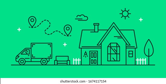 Concept For Moving To A New Home. Vector Linear Illustration Of A New Two-story Country House, A Cargo Van With Furniture And A Moving Route. Furniture Transportation Services.