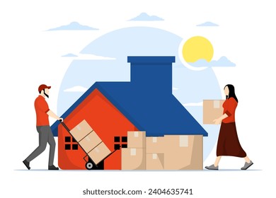 Concepto de mudarse a una nueva casa. La gente ha sido reubicada a nuevos lugares. la gente levanta cajas con muebles en casa. Mobiliario móvil con diseño de estilo Transporte plano. Ilustración vectorial.