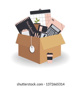 Concept of moving to new office. Cardboard box 3d with folders in trendy colours pink navy, wall calendar, pen,pencils, to do list,planner,envelope, plant,mouse,coffee,mobile phone.Vector illustration