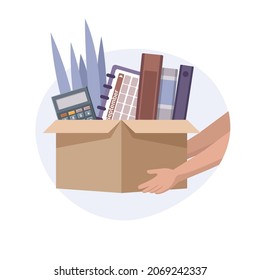 Concept of moving to new office. Cardboard brown box with office supplies