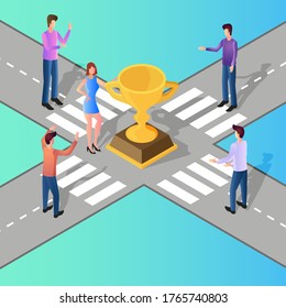 The concept of moving to victory.Joint progress towards the goal.People at the intersection strive for victory in the form of a Cup.Teamwork and moving forward.Isometric vector image.