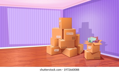 The concept of moving a young family to a new bought house. Parsing boxes with things in the bedroom against the background of purple wallpaper. Rent or repair of premises. Vector illustration. 