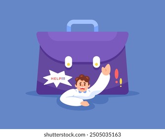 concept of too much workload. high work pressure. problems at work. illustration of an employee or worker asking for help because he was hit by a giant briefcase. flat style design. graphic elements