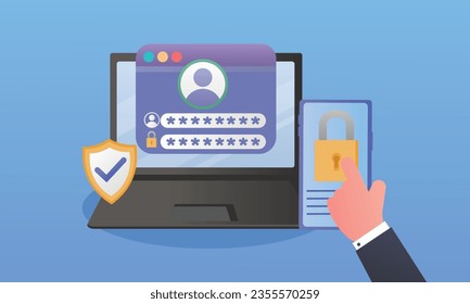 The concept of multi-factor authentication in style.on blue background.Vector Design Illustration.