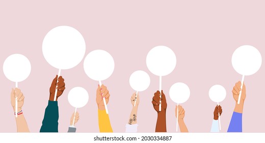 Concept of multiracial hands holding banners, manifestation, or sale sign placard. Blank vote placards and peace protest posters.