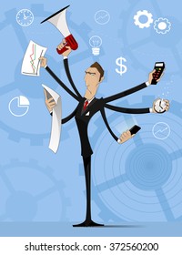 Concept of multitasking businessman who works with more arms. Time management concept. Vector