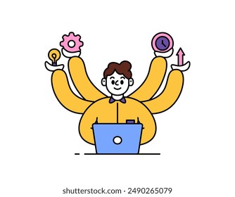 the concept of multitasking employees or workers. illustration of a man with six hands a man who is agile and able to do many tasks simultaneously. outline style character design. graphic elements