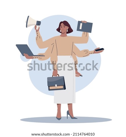 Concept of multitasking. Girl with lot of hands, processing and emotional burnout. Responsible employee or boss. Businesswoman doing several things at same time. Cartoon flat vector illustration