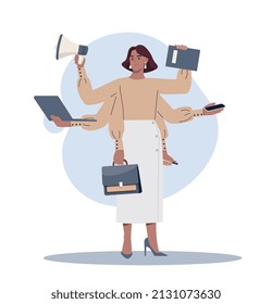 Concept of multitasking. Girl with lot of hands, tired character. Boss, businesswoman or entrepreneur. Active worker, leader, overworked person, strong woman. Cartoon flat vector illustration