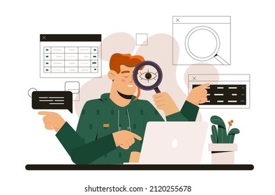 Concept of multitasking. Man with many hands sits in office. Character looks through magnifying glass at computer, lays out papers. Hardworking manager, leader, boss. Cartoon flat vector illustration