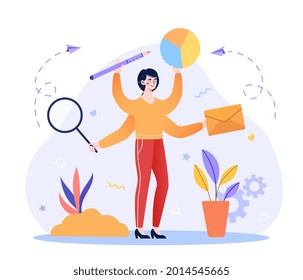 Concept of multitasking problem. Woman with four hand holding diagram, letter, magnifying glass, pencil. Metaphor for the correct work organization, time management. Cartoon flat vector illustration