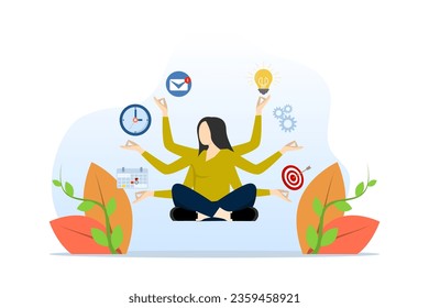 concept of multitasking or project management, task or work efficiency, productivity or time management, balancing work responsibilities, productive woman with many hands handling multitasking work.