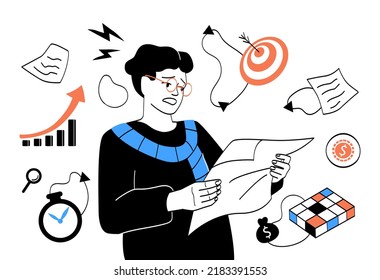 Concept of multitasking. Woman frightened reads list of targets. Emotional burnout, low energy levels. Pressure, panic and stress. Tired employee at workplace. Cartoon flat vector illustration
