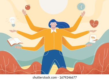 Concept of multitasking woman, who works with more arms. Control of your life. Willpower. Time management. Vector illustration.