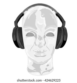 Concept music. An abstract vector for man listening music with headphones. Artistic hand drawn design. Vector illustration
