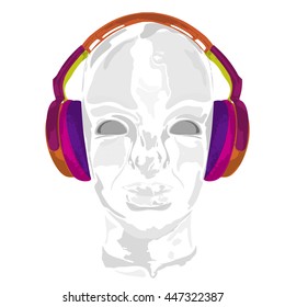 Concept music. An abstract vector for man listening music with headphones. Artistic handdraw design. Vector illustration