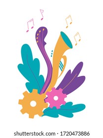 Concept of Music audio volume settings. Sound Check. Tuning. Correction. Repetition. Gears, guitar, trumpet, leaves, notes. Bright color vector illustration on white background.