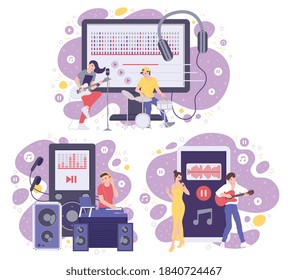 Concept of music industry, technology and service of music streaming online. Musicians with musical equipment. A set of flat cartoon isolated vector illustrations.