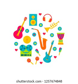 Concept with music instruments in the circle on white background. Vector illustration in flat style