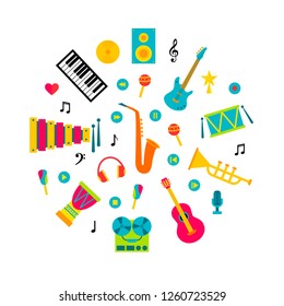 Concept with music instruments in the circle. Saxophone, guitars piano. Vector illustration in flat style