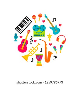 Concept with music instruments in the circle. Vector illustration in flat style
