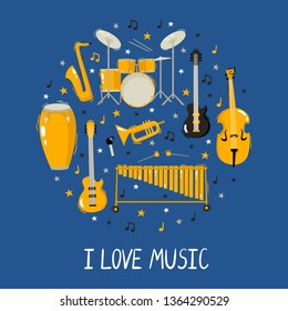 Concept with music instruments in round composition isolated on blue. Cartoon vector jazz and blues music instruments used for music poster, magazine, tickets.