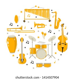 Concept with music instruments in round composition isolated on white. Cartoon vector jazz and blues music instruments used for music poster, magazine, tickets.