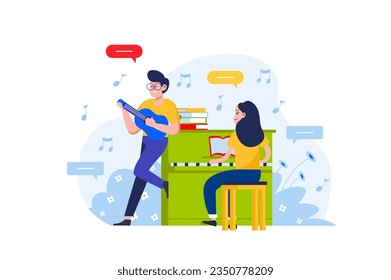 Concept music lesson with people scene in the flat cartoon style. Students learn to play guitar and piano during school lessons. Vector illustration.