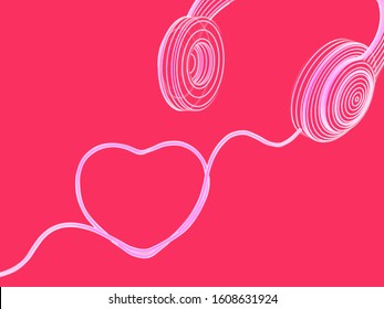 Concept of a music lover: headphones with cable in the shape of heart on pink background. The unifying power of art. Modern technological design. EPS 10 vector illustration.