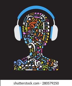 Concept music. Music note in the shape of a human head with headphones