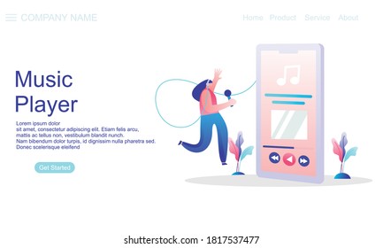 Concept of music player application for website, landing page illustration