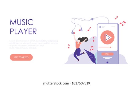 Concept of music player application for website, landing page illustration