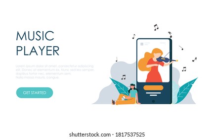 Concept of music player application for website, landing page illustration