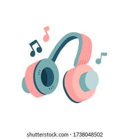 Concept Music. Retro Headphones And Musical Notes. Flat Vector Illustration