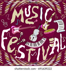 Concept of musical abstract background from doodle musical instruments and elements.
