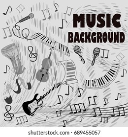 Concept of musical abstract background from monochrome doodles musical instruments and elements.