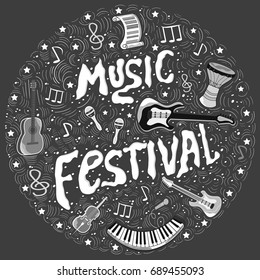 Concept of musical abstract background from monochrome doodles musical instruments and elements.