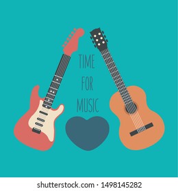 concept musical concert isolated. time for music & red love heart. two types modern. electronic or electric guitars vector & classical acoustic guitars. flat design classic music. rock & roll cartoon