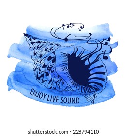 Concept musical illustration with seashell and live sound on a blue watercolor background