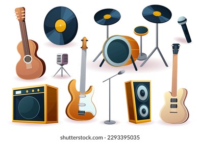 Concept Musical instruments. A set of flat, cartoon musical instruments designed on a white background. Vector illustration.